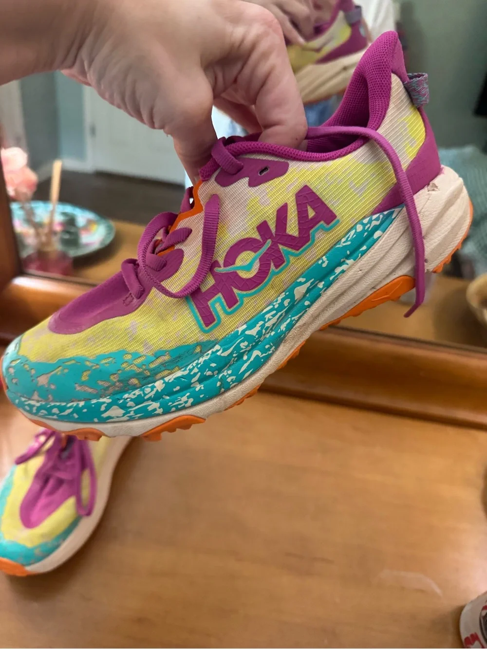 HOKA Speedgoat W 6.5 Kids 6 Trail Running Shoes Flower Nectar Neon Tangerine